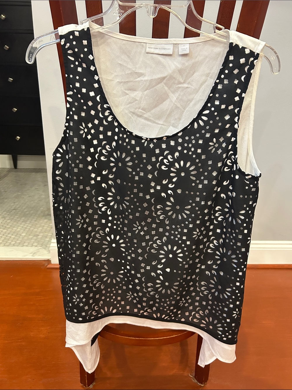 New York & Company Black Laser-Cut Overlay Tank with White Lining